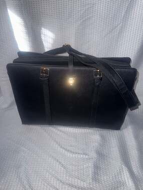 Black Saffiano Faux Leather Multi-Compartment Laptop Tote Work Bag